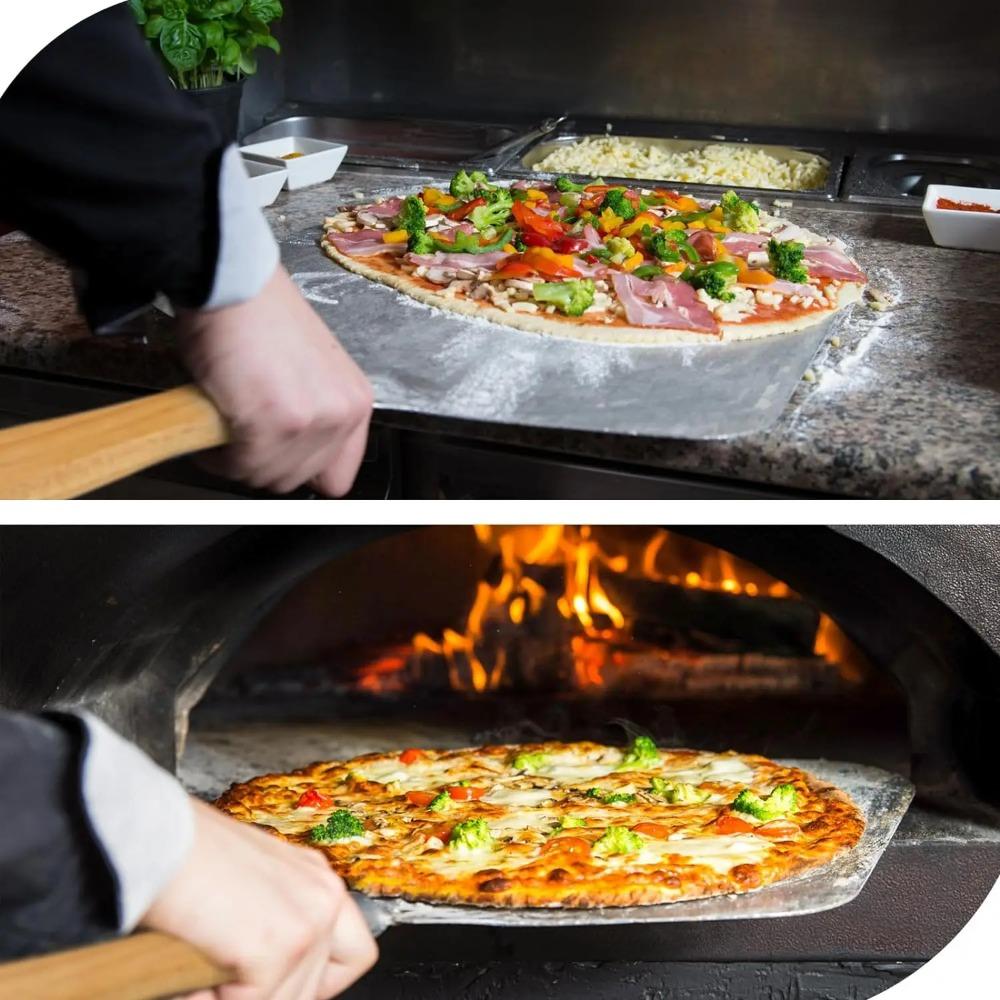 Pizza Shovel and Pizza Cutter Metal Non-Stick Pizza Peel with Wood Handle Cake Lifter Transfer Tray for Homemade Baking Bread