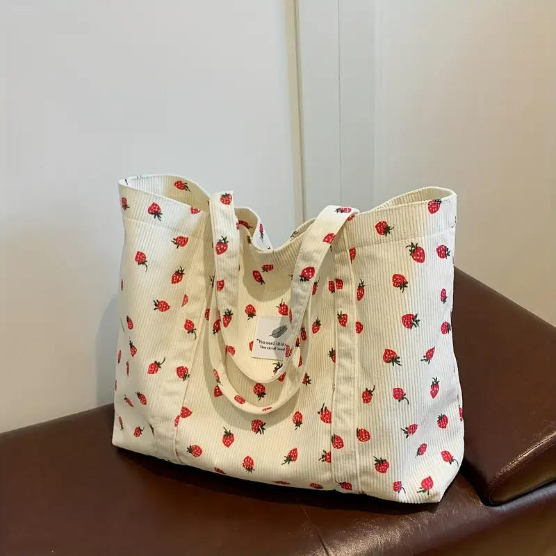 Fashion Strawberry Pattern Large Capacity Canvas Shoulder Bag Trendy Summer Fresh Style Handheld Tote Versatile Commuter Bag