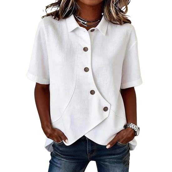 

Women Shirt Lapel Short Sleeve Irregular Buttons Placket Shirt Tops Pure Color Loose Fit Summer Casual Shirt M білий