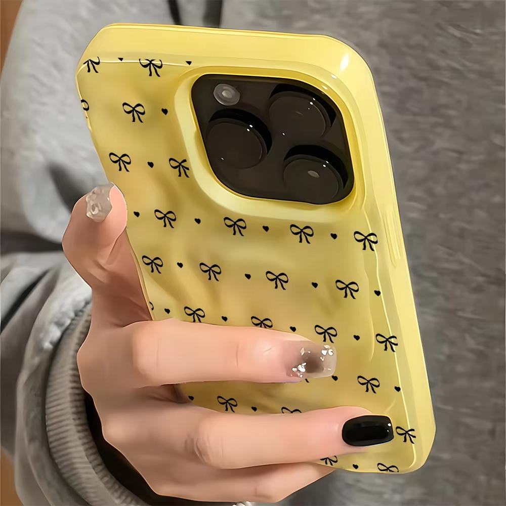 Pretty Bow And Heart Pattern Wave Texture Phone Case For iPhone 11 12 13 14 15 16 17 Pro Max 14 15 Plus 17 Air Soft Back Cover