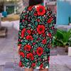 Women Plus Size V Neck Long Sleeve Floral Printed Red Pink Fitted Dress
