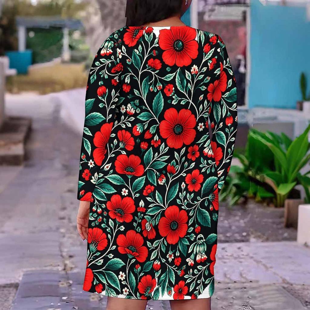 Women Plus Size V Neck Long Sleeve Floral Printed Red Pink Fitted Dress