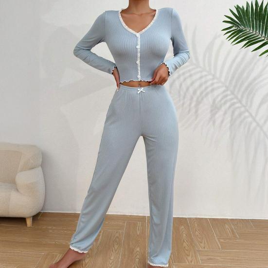 Dámská krajkou zdobená žebrovaná pletená pyžamová souprava top s dlouhým rukávem a široké kalhoty společenská souprava 2dílné pyžamo noční prádlo