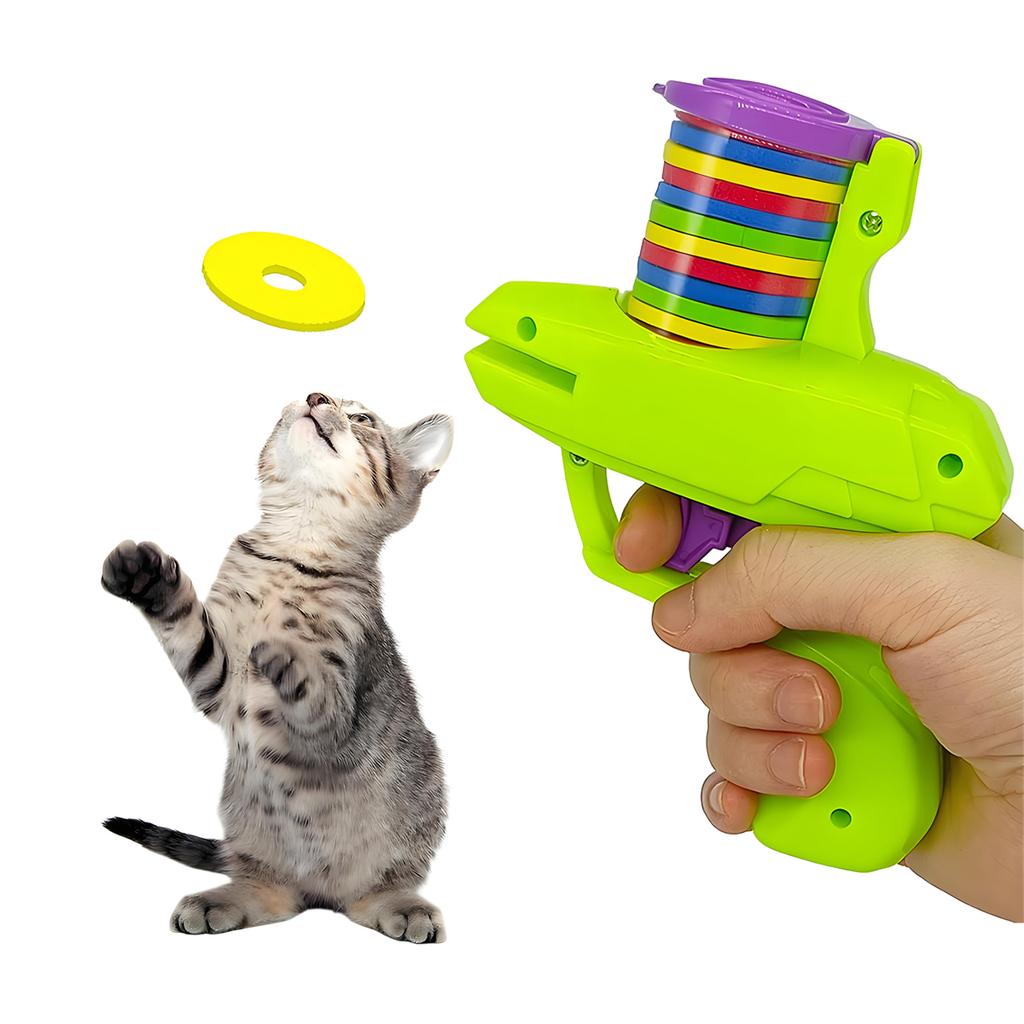 Foam Disc Launcher Cat Toy 15Pcs Colorful Flying Discs 1Pc Gun Launcher Cat Interactive Toys for Indoor Outdoor Training Chasing