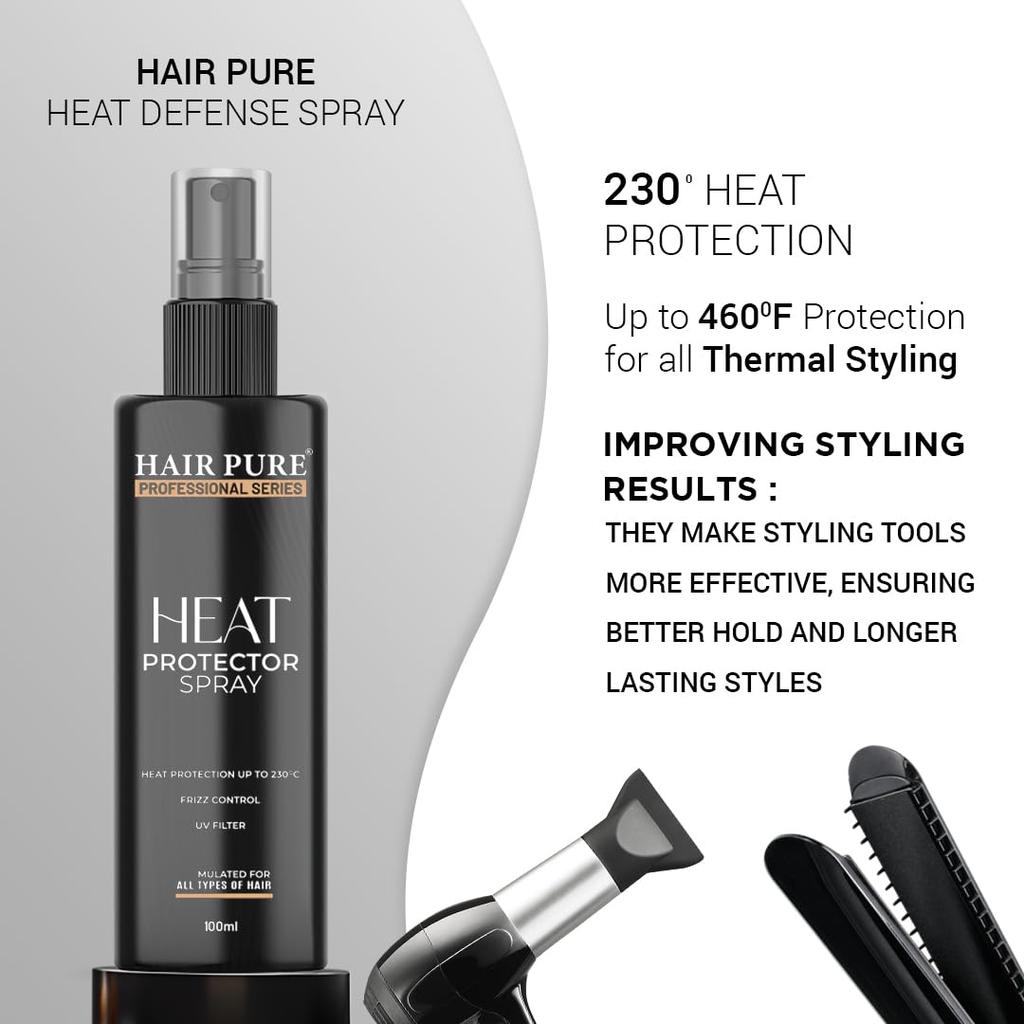 Hair Pure Heat Protector Spray | Hair Styling Spray for Women & Men | Heat Protection Spray for Upto 230 °C | Less Breakage | Frizz Free & Damage Co