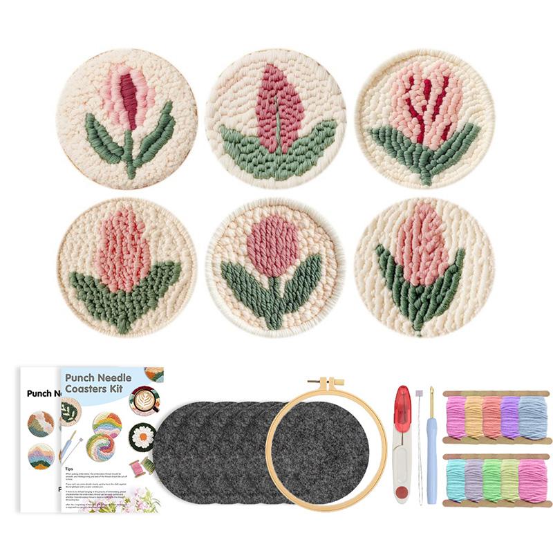 6pcs Cute Cat Pattern Punch Needle Coaster Starter Kits Punch Needle Embroidery Kit Easy Embroidery Needlework Animal Home Decor