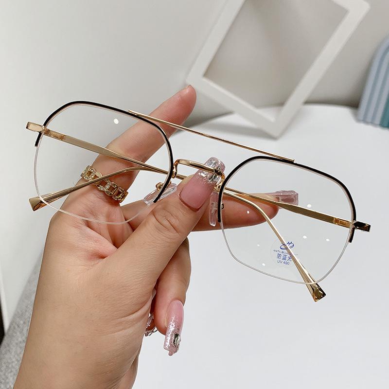 Men's Retro Double Bridge Half-Frame Rimless Anti-Blue Light Prescription Glasses