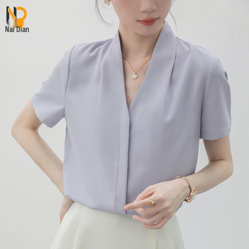 

Naidian Women s French Style V-Neck Short Sleeve Blouse L
