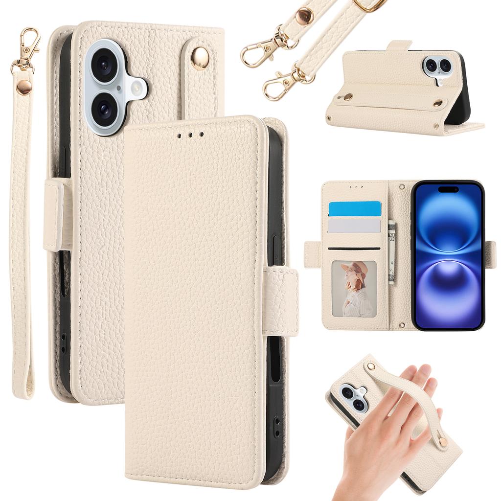 For iPhone 16 Plus Leather Case with Card Holder, Straps, Shockproof Wallet Phone Cover