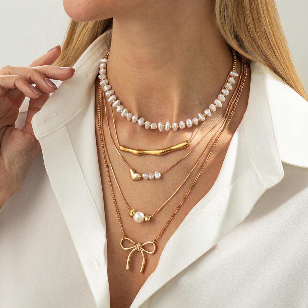 Wind Imitation Pearl Beads Stacked Necklace, Sweet And Cool Love Bow Elbow Collarbone Chain Necklace