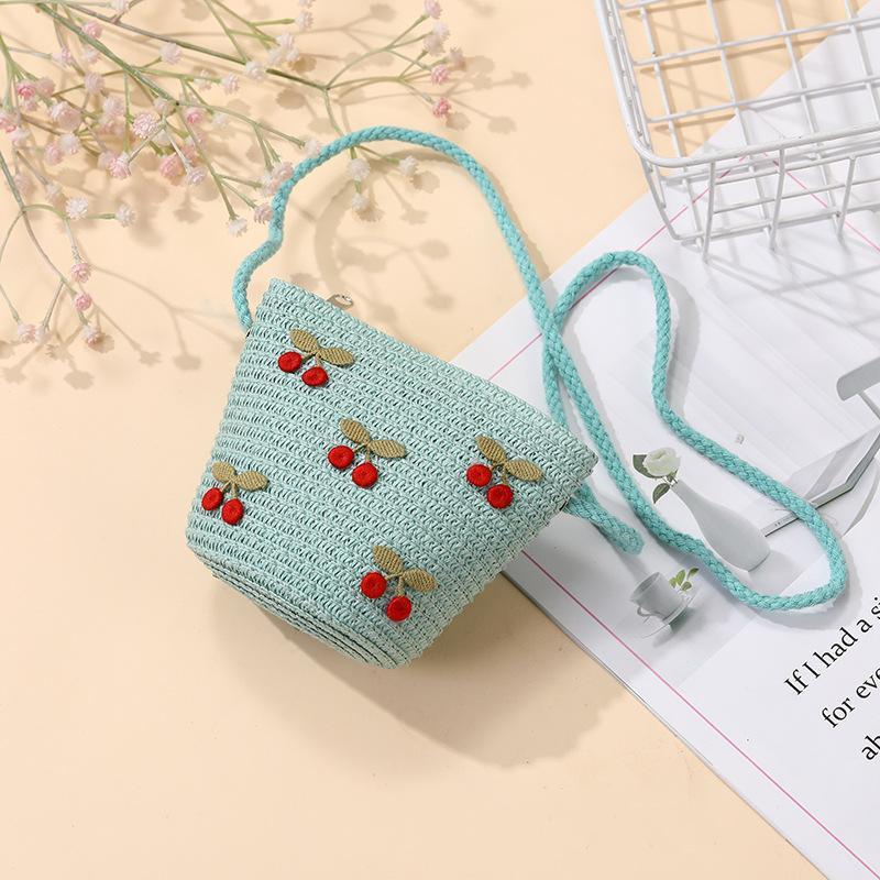 Children Foldable Woven Straw Bag Summer Girl Shoulder Bags Red Cherries Kids Handbags Beach Travel Crossbody Bags Small Wallets