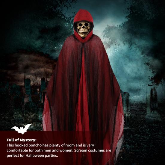 Halloween Grim Reaper Costume Black Hooded Cloak with Skull Masque Vintage Medieval Cape for Adult Cosplay Props