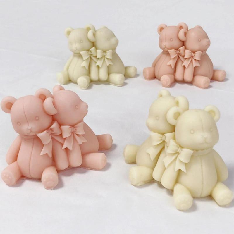 Back-to-back Lover Bear Candle Silicone Mold Bow Conjoined Bear Soap Resin Plaster Mold DIY Chocolate Cake Decor Making Set Gift