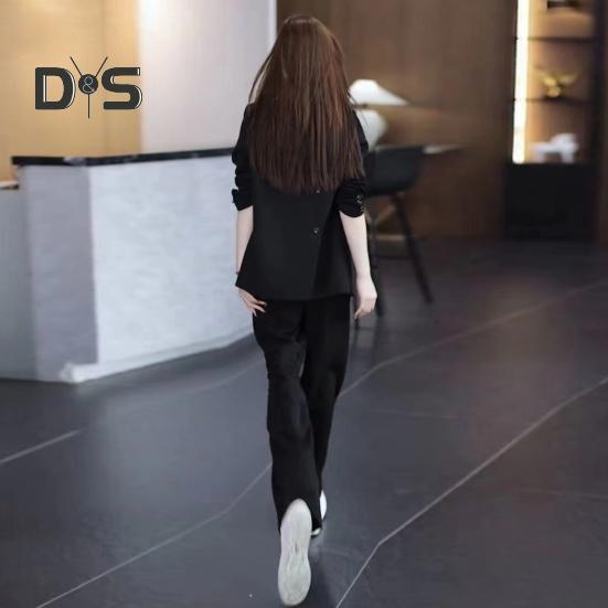 Σετ Γυναικείο Επίσημο Παλτό Παντελόνι 2 Τεμαχίων Μακρυμάνικο Διπλόκουμπο Ζακέτα Καρντιγκάν Μήκους Μέσης Φαρδύ Ίσιο Παντελόνι Ψηλόμεσο Επίσημο