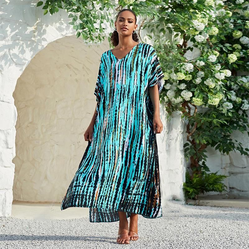 EDOLYNSA Damen Übergröße Kaftane Streifenmuster Batik Kaftan Badeanzug Überwurf Strand Maxikleid Lockerer Seitenschlitz Robe Q1218