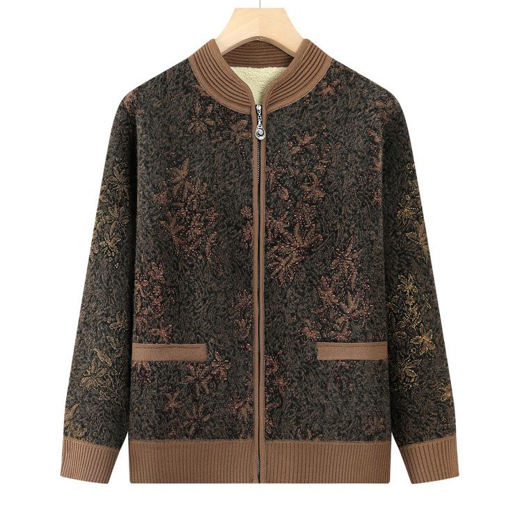 Middle-aged and Elderly Grandma Wear Plush Thick Cardigan Knitted Sweater Mother New Warm Flower Top Old Men's Sweater New