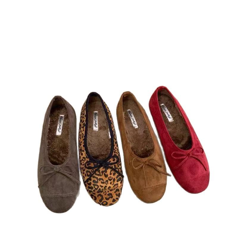 French Gentle Bow With Plush Shoes, New Autumn And Winter Fairy-Style Shallow Ballet Shoes, Grandma Shoes