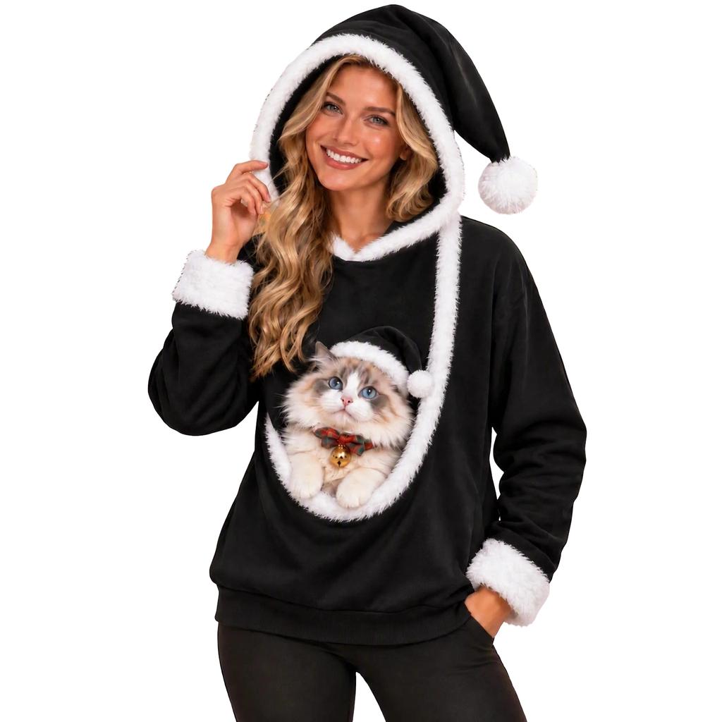 Adult Cute Christmas Plush Patchwork Hooded Sweatshirt with Pet Pocket for Holiday Wear