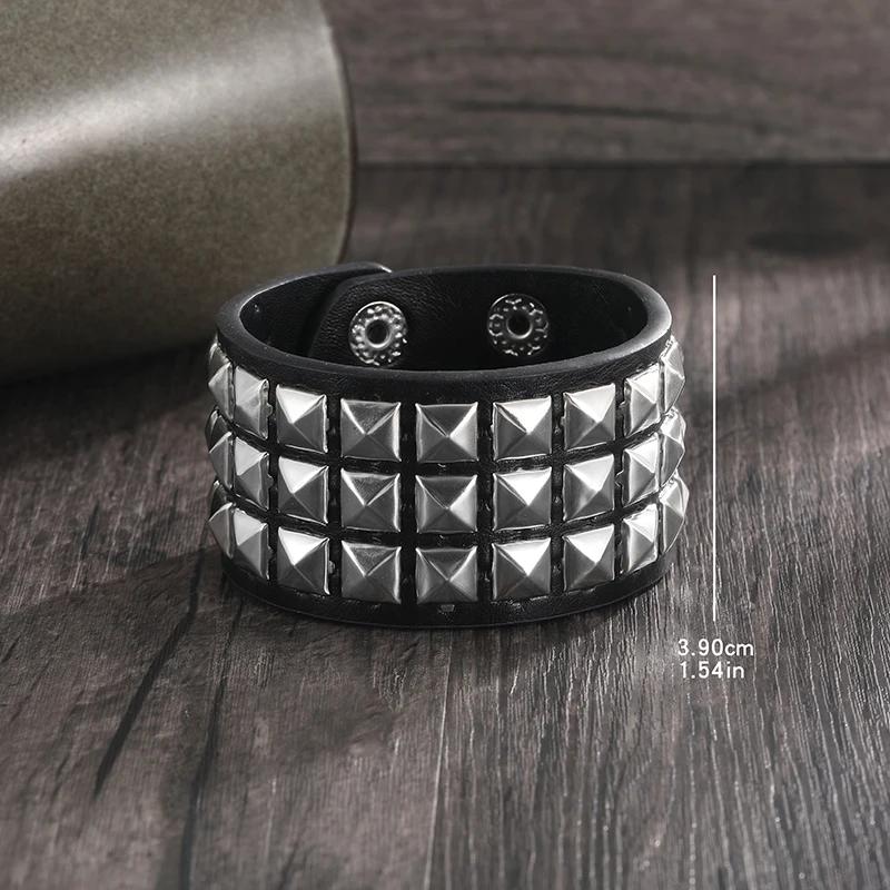 Punk Fashion Men Black Cuff Leather Bracelet Wristband Metal Rivets Stud Charm 80S Wrap Bangle For Women Rock Gothic Jewelry