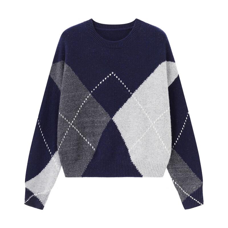 Damen Pullover Sweater 100% Wolle Retro Rautenmuster