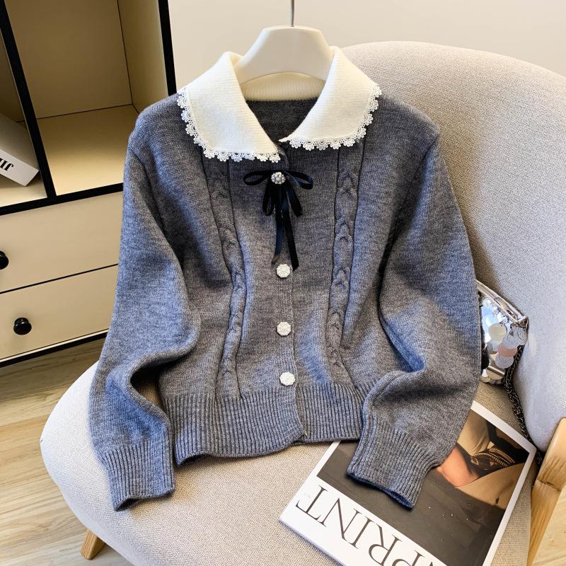 Autumn 2026 Chic Doll Collar Knit Cardigan for Women - Sweet, Fresh, Long Sleeve Sweater Coat