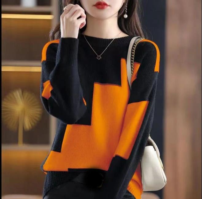 Knitted Sweater with Round Neck Color Blocks Women's Autumn Spring Sweater Contrasting Color Design Casual Versatile Shirt with Loose Top and Bottom