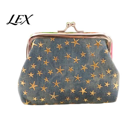 Washed Denim Wallet Golden Star Coin Purse, Women Change Kiss Lock Purse Closure Pouch for Folded Cash Coins Cards Mini Makeup