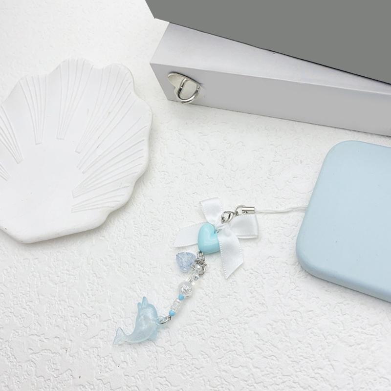 Stylish Dolphin Heart Bowknoty Phone Chain Trendy Dolphin Love Heart Bowknot Resin Pendant for Phone Camera Bag Ornament