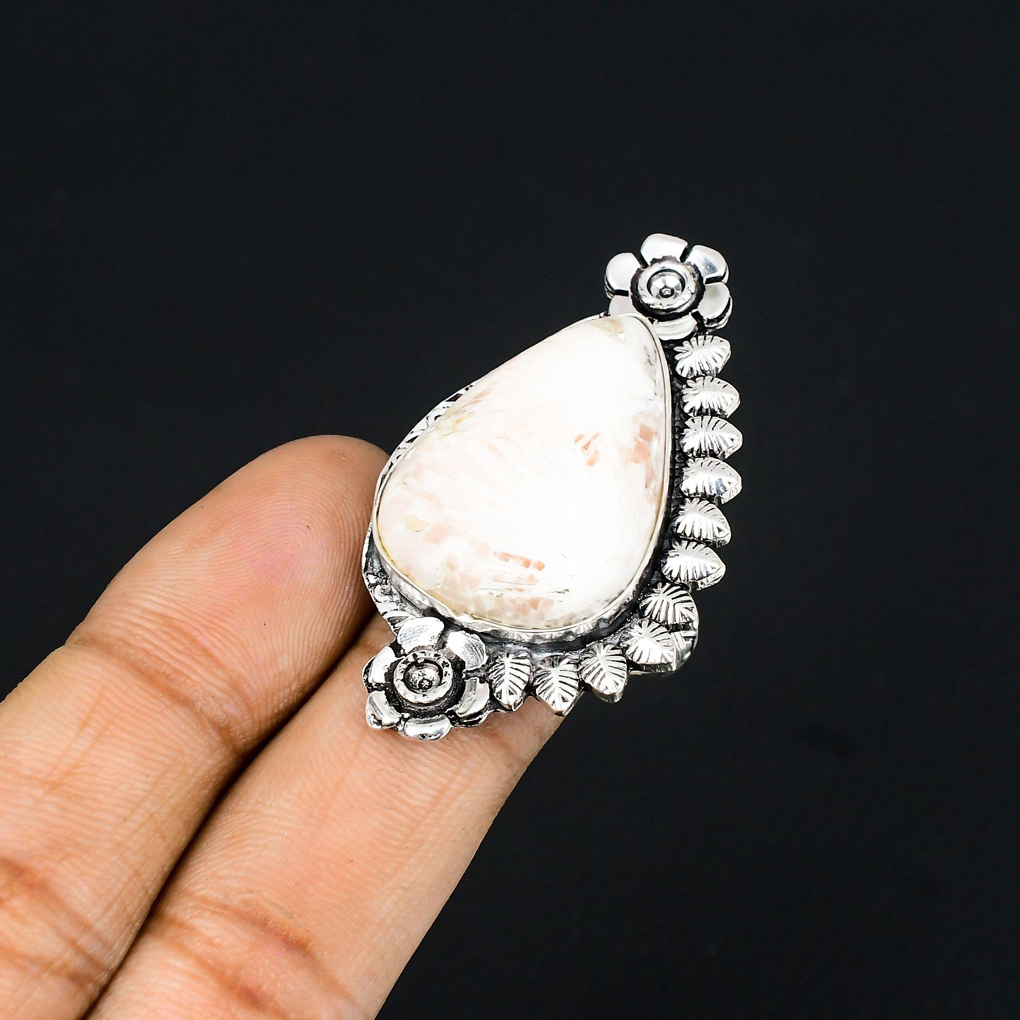 Sterling Silver Scolecite Gemstone Promise Art Deco Flower New Ring Jewelry US 9 9