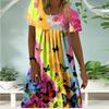 Women's Summer Autumn Short Sleeve Round Neck Pleated Printed All-Match Dress Women Fashion Casual Loose Dress