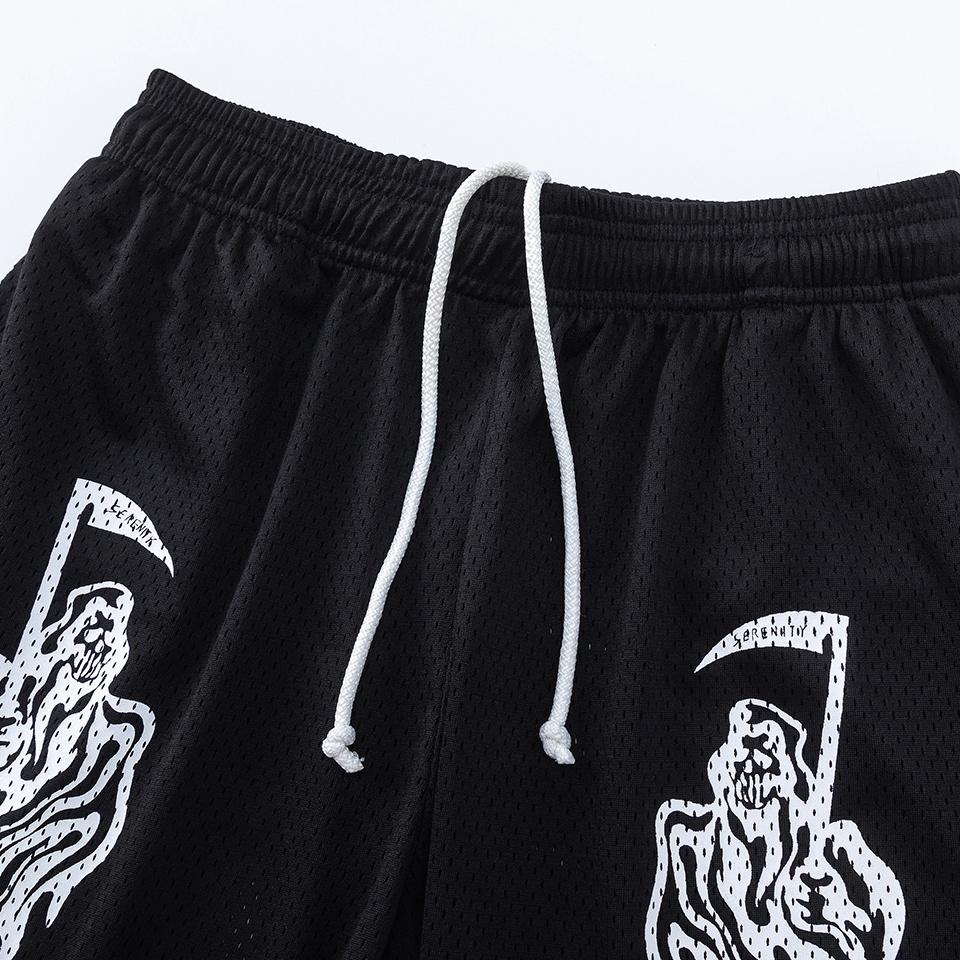EES-10 Heren Mesh Atletische Korte Broek, Zwart Grim Reaper Print Ademend Zomer Straat Strand Boardshort