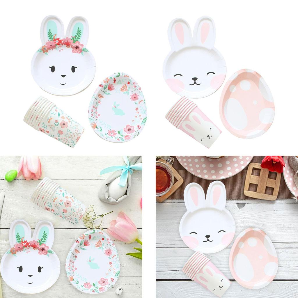 24Pcs Easter Rabbit Eggs Tableware Set Easter Bunny Eggs Plates and Cups for Picnics Apartment Dorm Festivals Family Reunions
