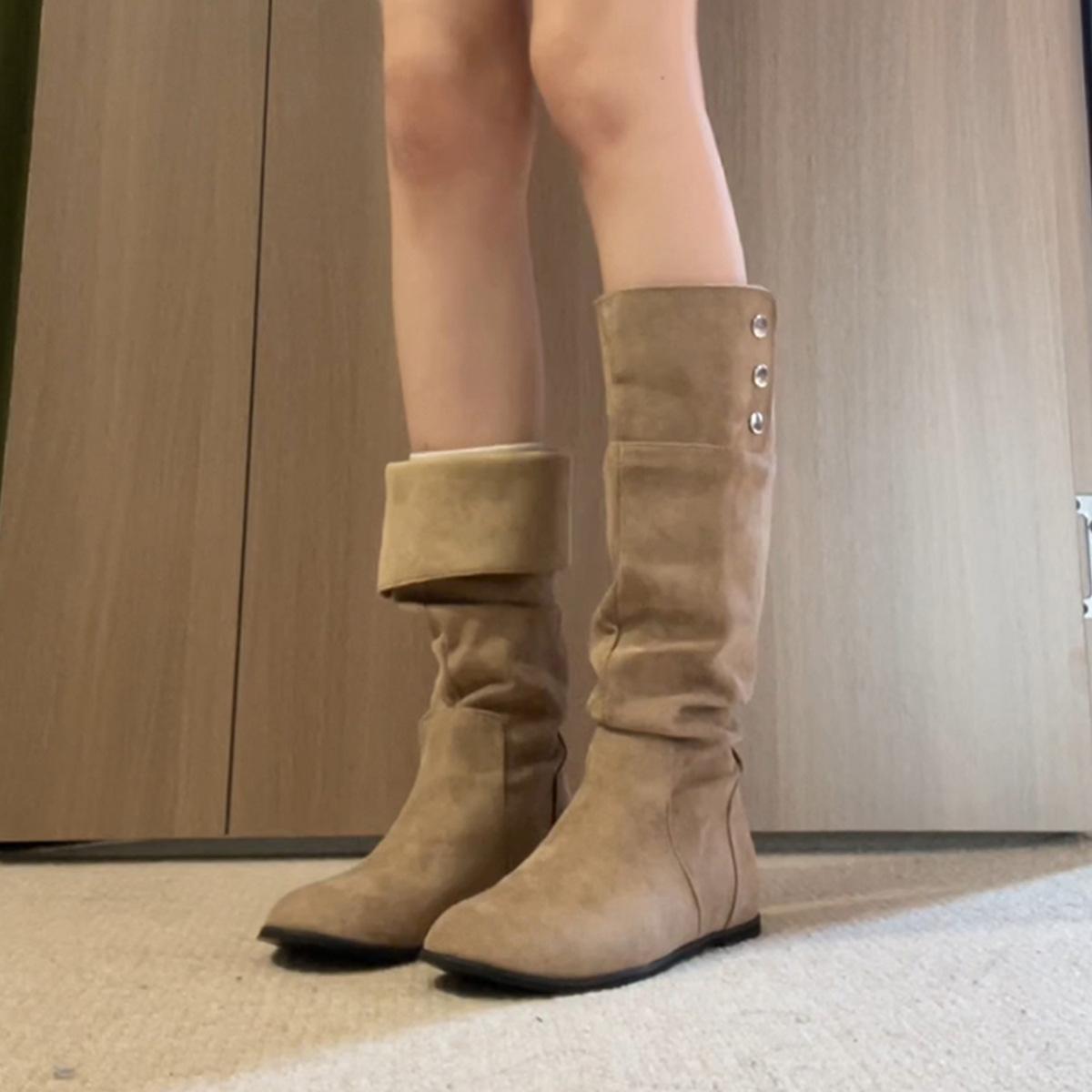 Niche two wear folding buckle western boots retro suede thin tall knight boots 35
