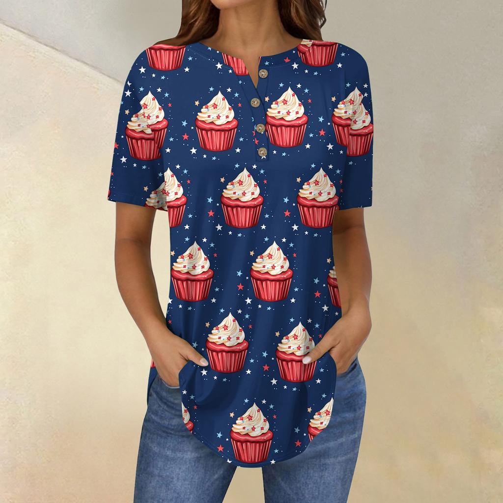 Short Sleeve Womens Tops Summer T-Shirts Print V Neck Casual Basic Tee Button Shirts Tunic Tops Independence Day