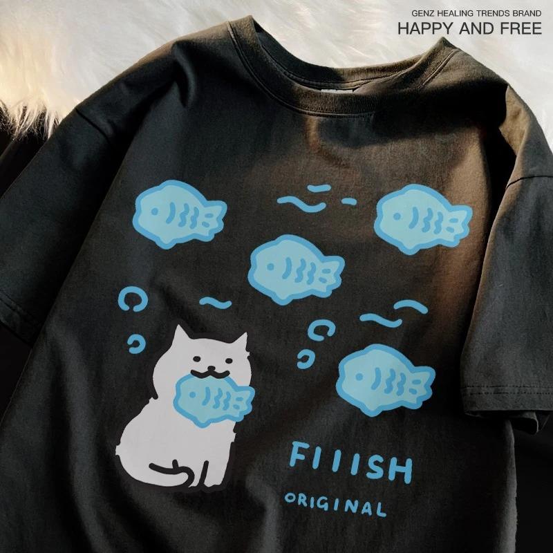 

Едящая Рыбу Кошка Маленькая Рыбка Летняя Футболка с Коротким Рукавом Женская Дышащая Повседневная Свободная Парная Футболка Летняя Повседневная Футболка 4XL