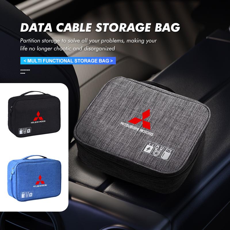 Car Logo Oxford Cloth Digital Storage Bag Charger Data Cable For Mitsubishi Outlander Pajero Sport Lancer EX ASX L200 Eclipse