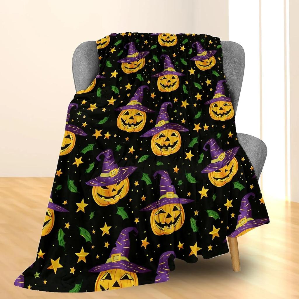 1PC Halloween Throw Blanket Pumpkin Skull Bats Witch Black Cats Thin Blanket Gifts for Couch Bed Car Home Camping All Season Use