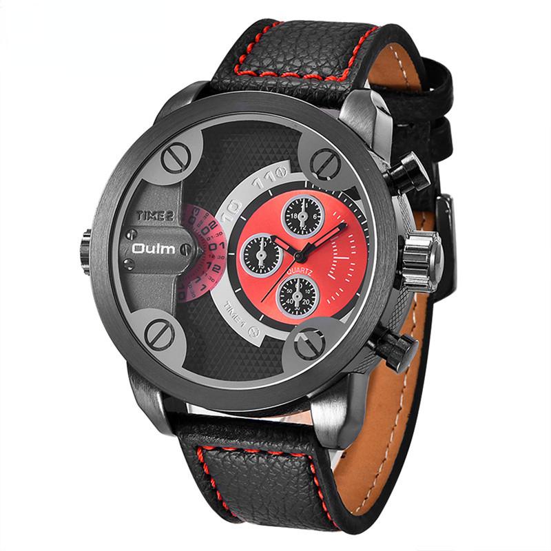 

Мужские часы с кожаным ремешком, кварцевым механизмом и двумя часовыми поясами