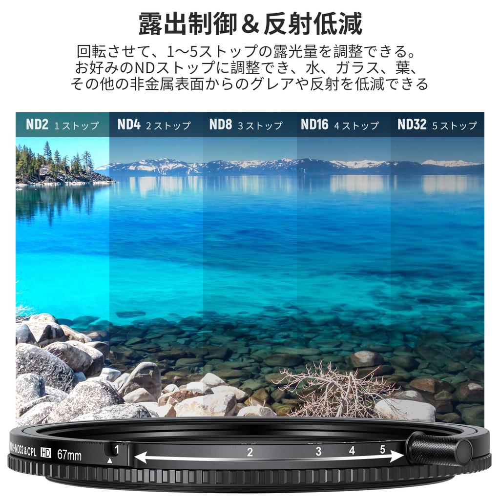 NEEWER 67mm True Color Variable and CPL Filter 2in1 Adjustable Neutral Density and Circular Polarizing Filter HD Optical Alloy Frame ND2-32