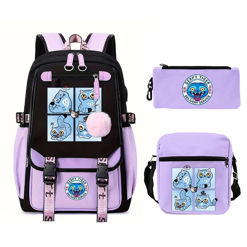 Animation Cartoon Peripheral Printing Trend Lightweight Shoulder Backpack, Primary And Secondary School Student Leisure Schoolbag Three-Piece Set