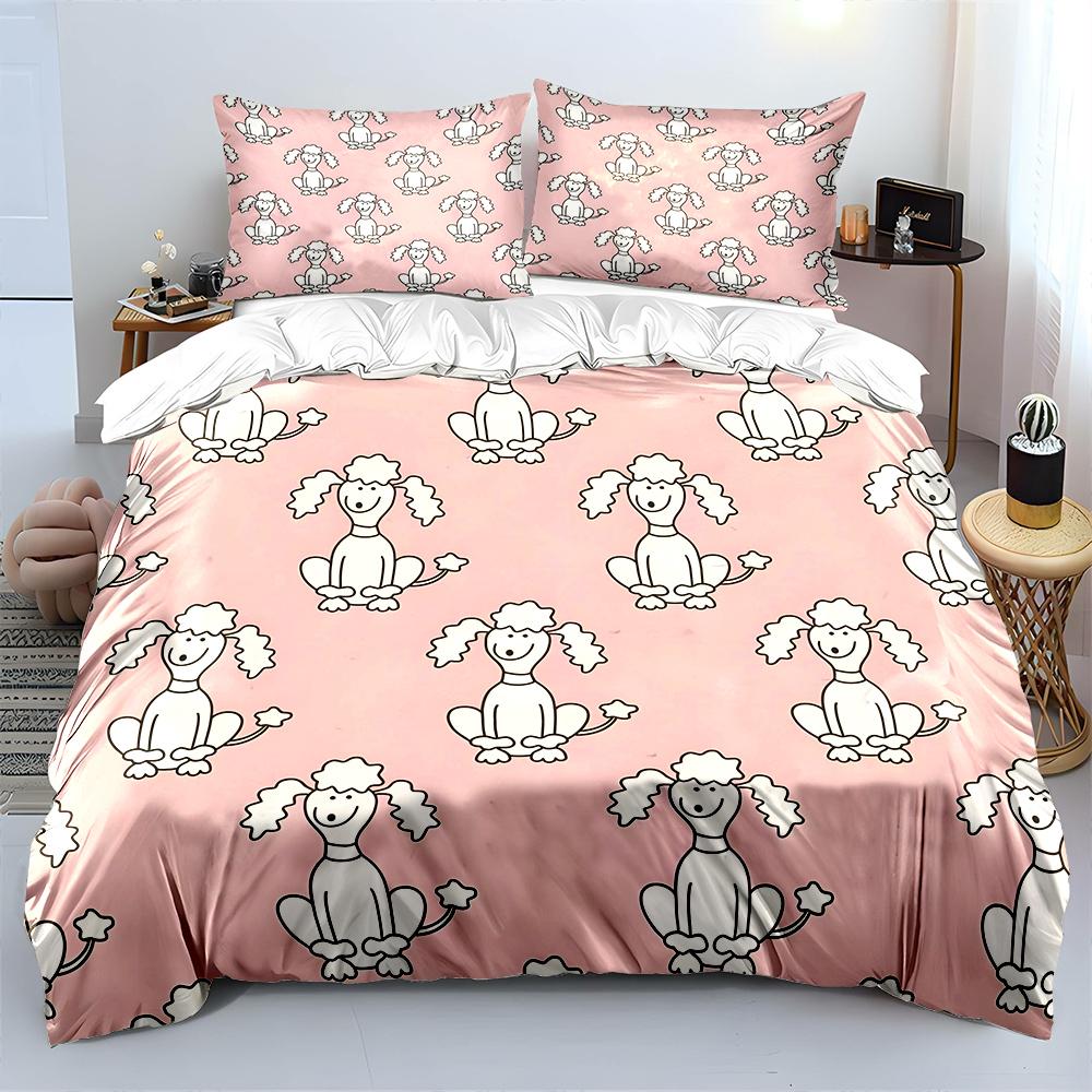 Ensemble de literie imprimé caniche de dessin animé sur fond rose 1 housse de couette 2 taies d'oreiller pour adulte et enfant Cadeau de luxe Taille double EU Twin 135X200cm&set