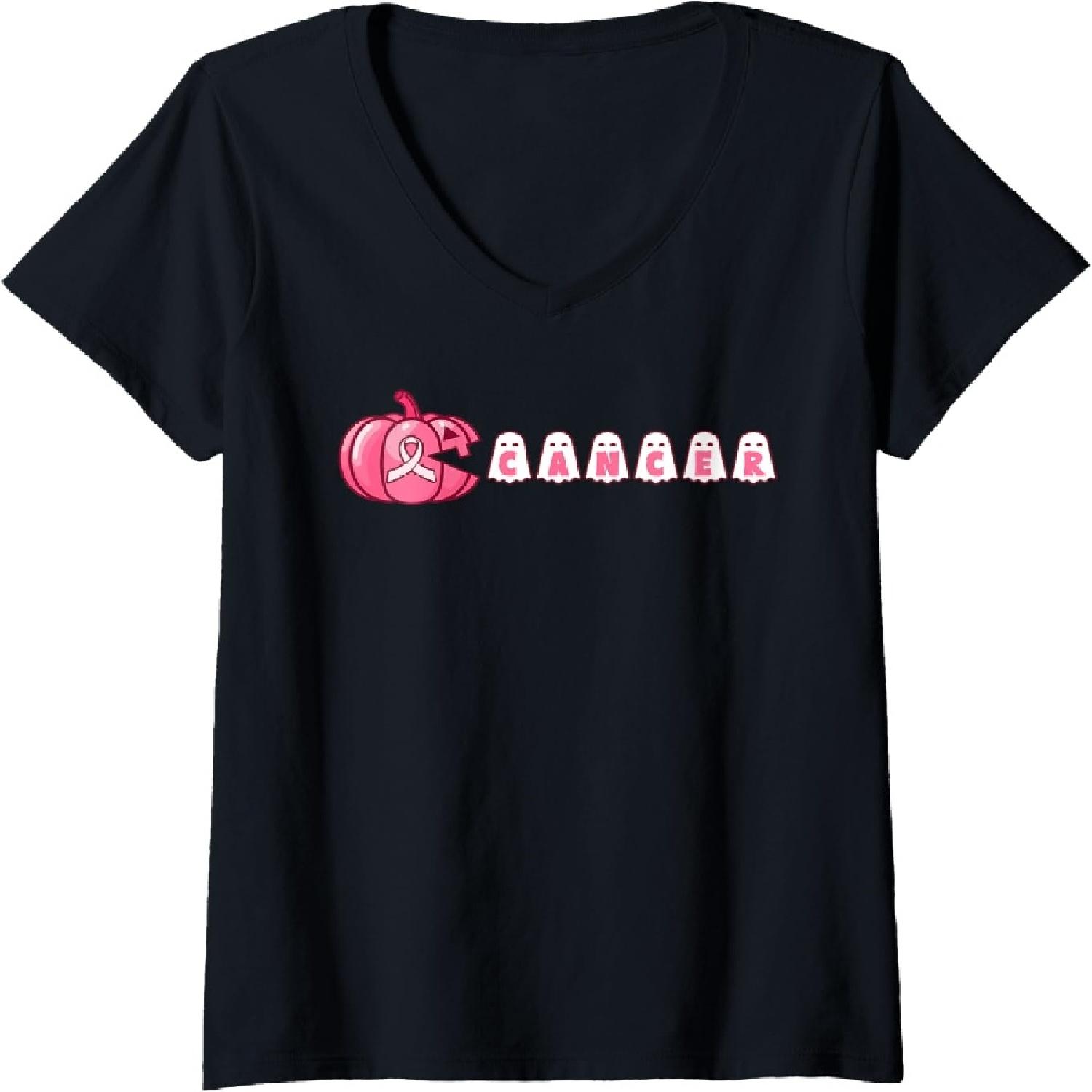 Womens Halloween Pumpkin Eating Ghost Support Breast Cancer Warrior V-Neck T-Shirt S