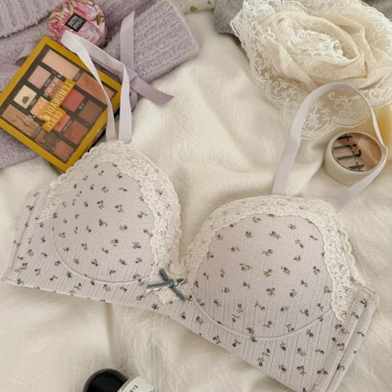 Strawberry Mochi Lace Trim Floral Underwear Set with Wireless Bra for Women