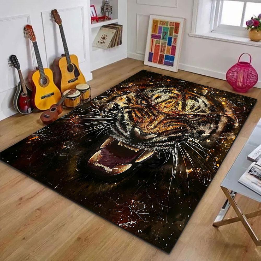 "Ferocious Tiger with Fiery Background" Patterned carpet, suitable as a non slip play mat for the living room and bedroom sofa