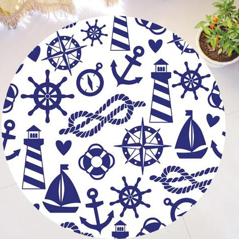 Compass Carpet Non-Slip Doormat Nautical Theme Floor Mat Round Area Rug for Bedroom Living Room Study Playing Room Decor