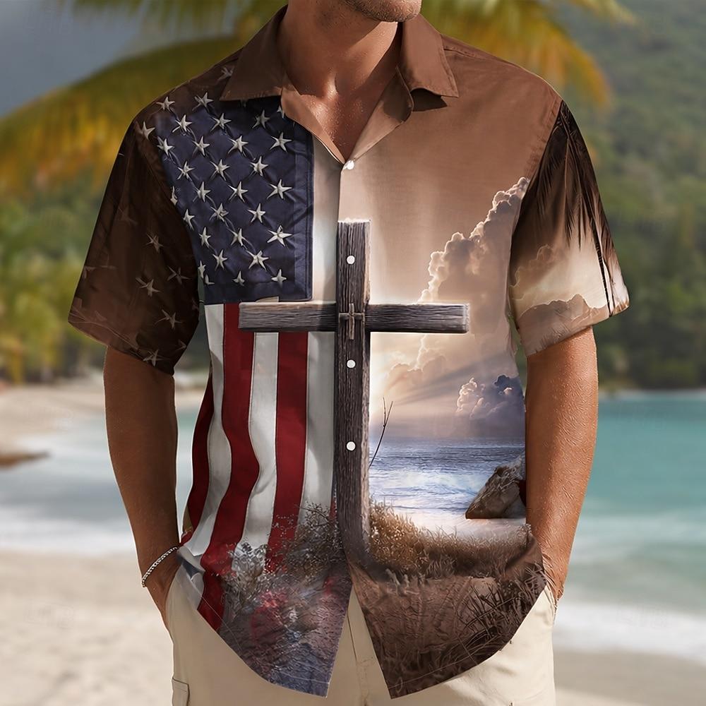 Men's 4th of July U.S. 250th Anniversary Cross US Flag Shirt Cuban Collar Shirt Button Up Shirt Short Sleeve