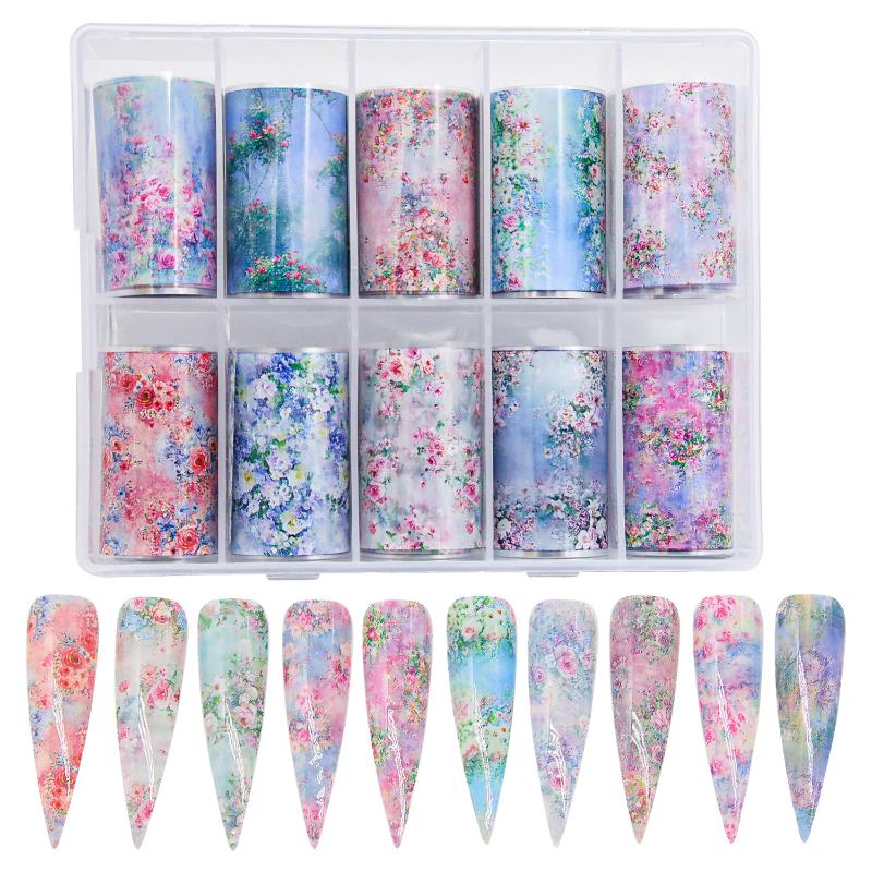 10Rolls Mixed Nail Art Foils Transfer Sticker Set Rose Flower Designs Floral Starry Sky Nail Wraps Wedding Summer Manicure Decor