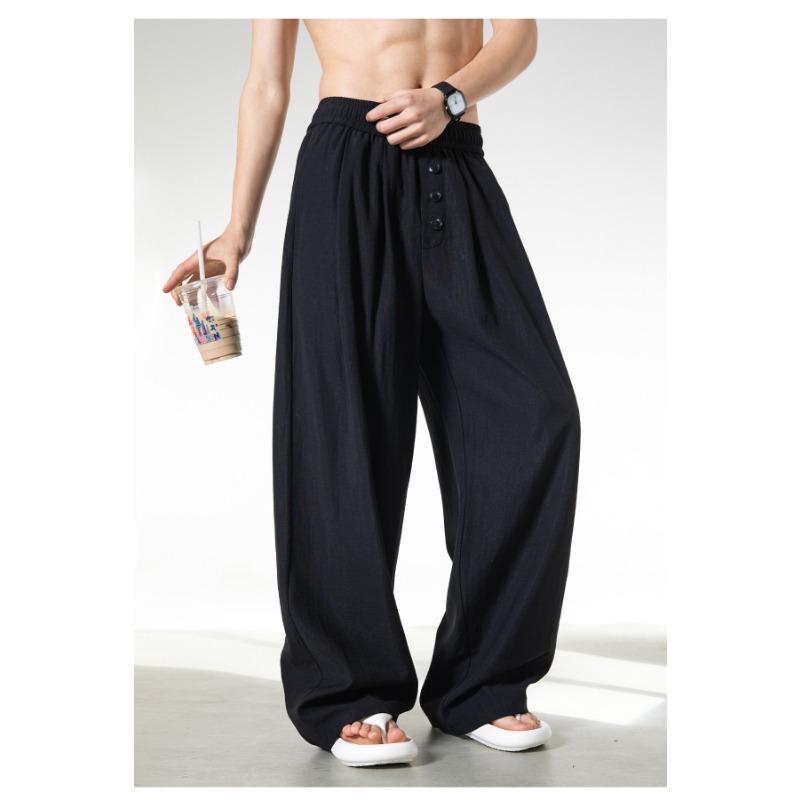 Mens Loose Straight Long Contrast Color Button Front Casual Pants