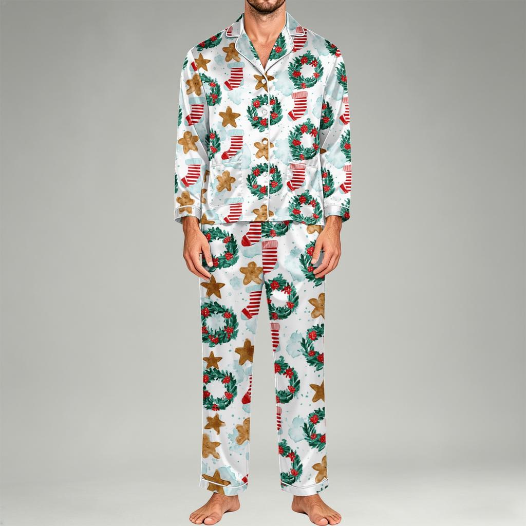 Men's Pajama Set Long Sleeve Button-Down Top and Pants Set for Home Sleepwear