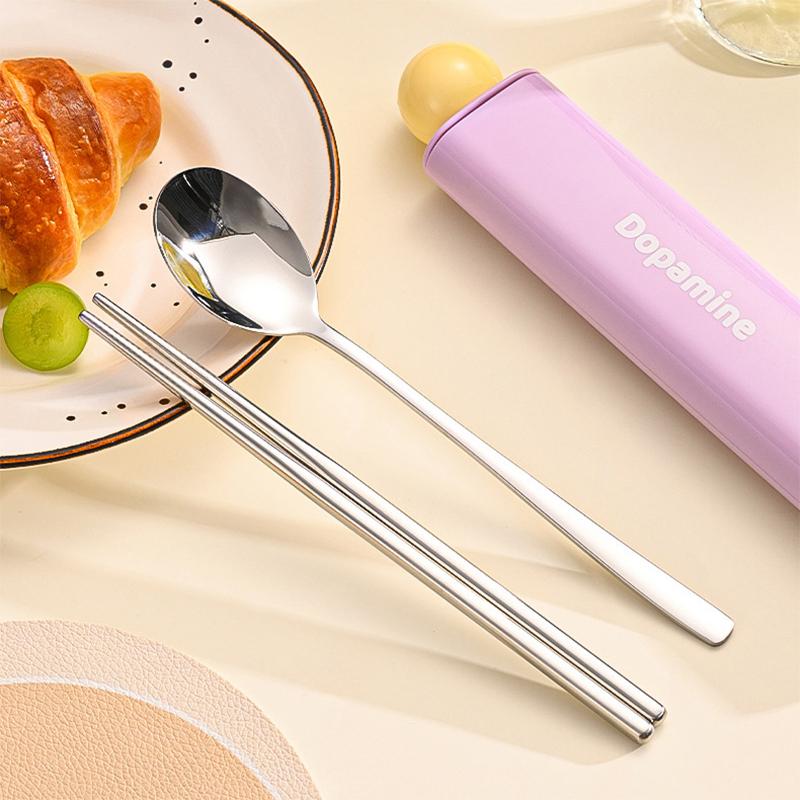 3pcs Portable Cutlery Set 304 Stainless Steel Spoon Chopsticks with Storage Case for Christmas Gift  Cute Outdoor Tableware